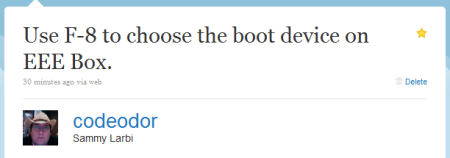 Use F-8 to choose the boot device on EEE Box.