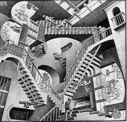 MC Escher's Relativity used to illustrate illusion.