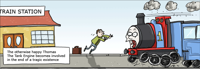 Comic of man jumping in front of train