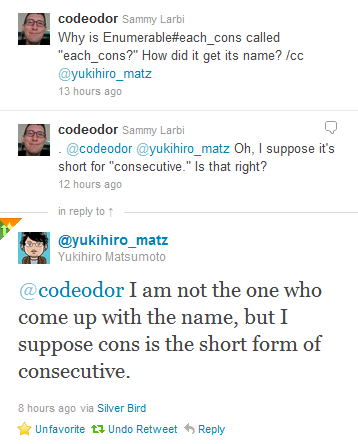 Matz says 'I am not the one who come up with the name, but I suppose cons is the short form of consecutive.'