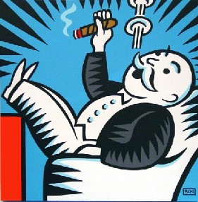 Monopoly man is having a good time counting money and smoking cigars.