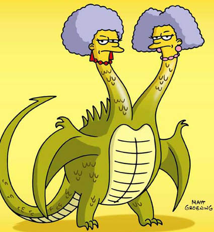 Patty and Selma from The Simpsons, as a two-headed dragon.