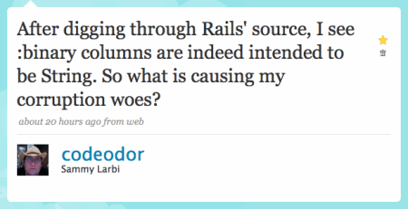 Indeed, the binary column from Active Record does resolve to a Ruby String.