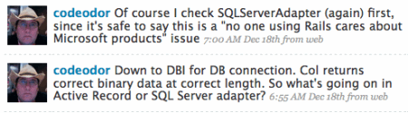 Using DBI I got the correct data, checking SQLServerAdapter because Rails sucks on Windows