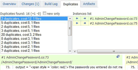 Screen capture showing TeamCity's code duplication detection