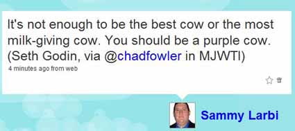 Tweet on twitter relating the purple cow allegory