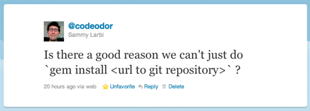 Is there a good reason we can't just do `gem install <url to git repository>` ?